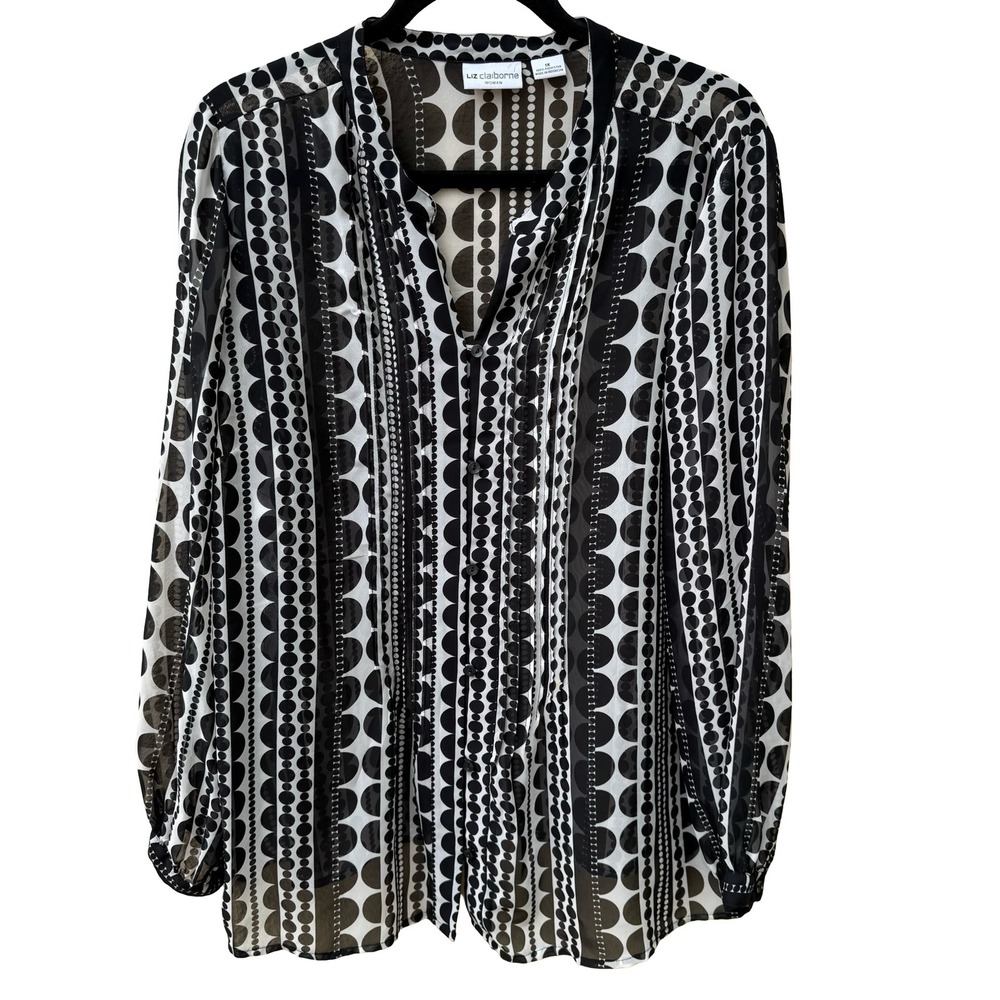 Liz Claiborne Mod Professional Geometric Dot Stripe Chiffon Blouse Black 1X